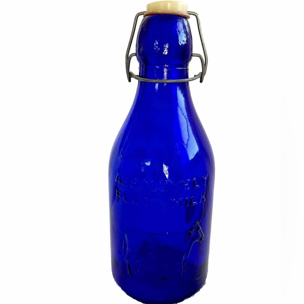 Vintage 1965 Crownford China Cobalt Blue Glass Milk Bottle Thatcher's Dairy